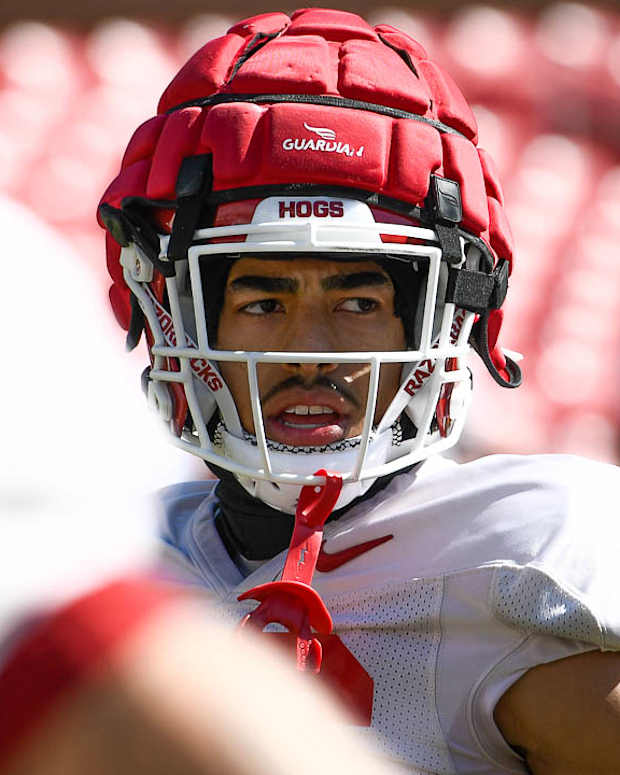 Razorbacks wide receiver Isaiah Sategna during Saturday's practice inside Razorback Stadium on Saturday.